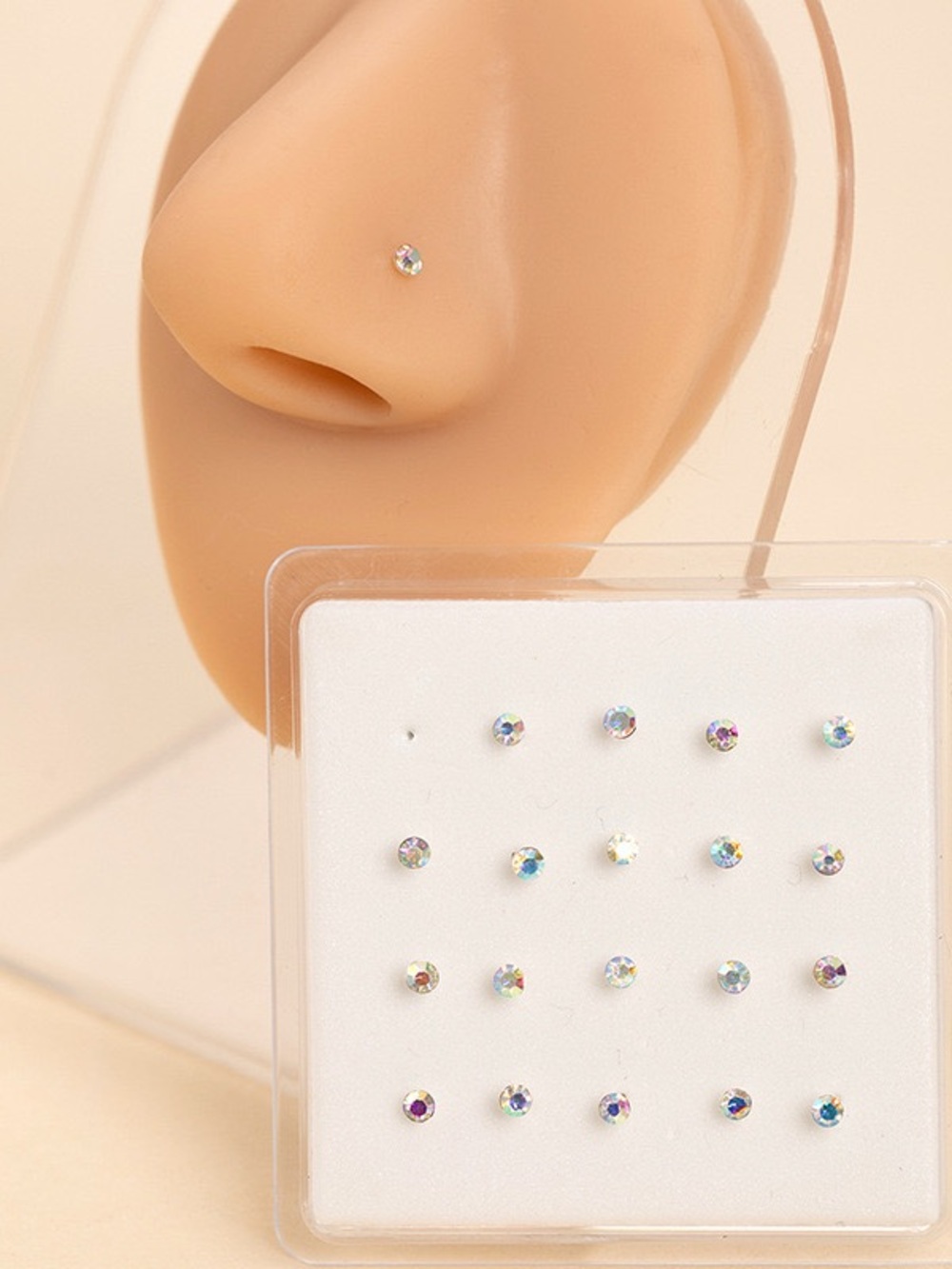 Crystal Nose Stud Set - Clear Aurora Borealis Rhinestone